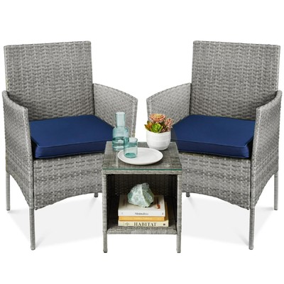 Best Choice 3-Piece Wicker Patio Bistro Set   2 Chairs & Table, Gray/Navy