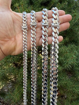 Monaco Cuban Link Chain Necklace Hollow Real 925 Sterling Silver 9-15mm  Rhodium