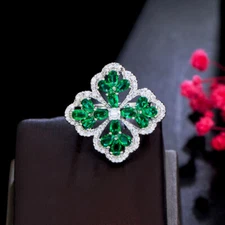 Green CZ Flower Women Chunky Flower Finger Ring Beauty Silver Plated Jewellery