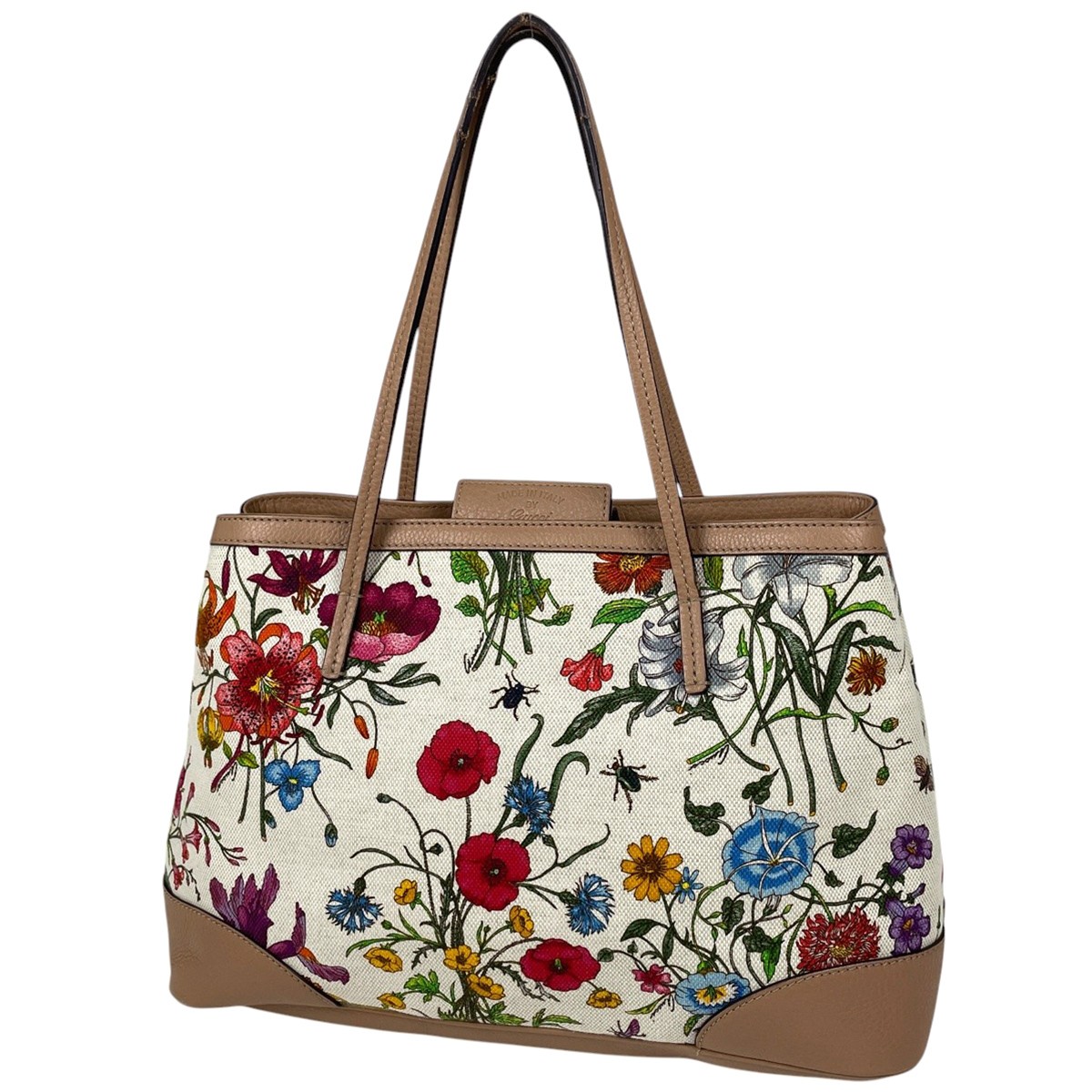 GUCCI Flora Canvas Tote Shoulder Bag Beige Multi Floral Pattern