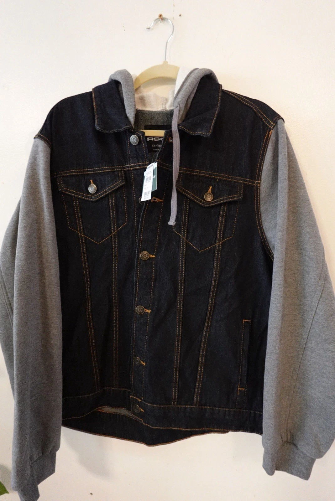 RSQ Men's Dark Blue Gray Hooded Denim Jacket Button Accents XX-Large