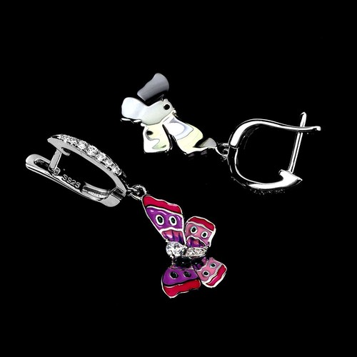 Summer 925 Sterling Silver Earrings Round Simulated Cz Gemstone Butterfly Enamel - Picture 3 of 13