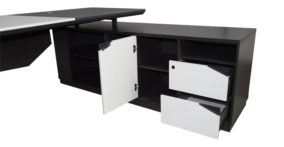 Chef Schreibtisch Carolina rechts Lederoptik anthrazit weiß Sideboard Büromöbel - Bild 2 von 4