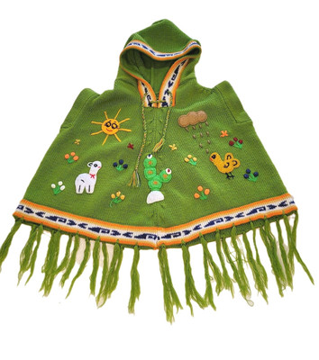 Kids Knit Poncho Green Embroidered Spring Animal Fringe Easter Hooded Sleeveless