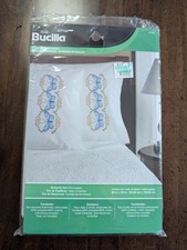 PLAID/BUCILLA Stamped Pair Standard Pillowcase w/BUTTERFLY TRIO x Hand Embr NEW