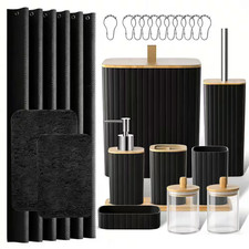 24-Piece Black Bathroom Accessories Set with Shower Curtain and Rugs, Trash Can,