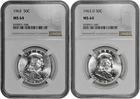 1963 P + D 50C Silver Franklin Half Dollar NGC Graded MS 64 Two Coin Lot White