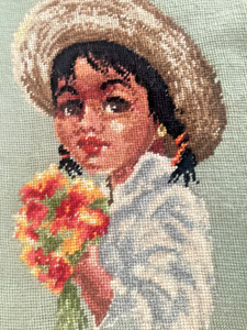 Vintage Finished Needlepoint Girl in Straw Hat, with Flowers