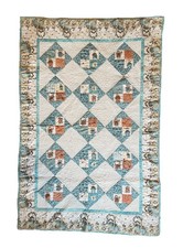 2000 Handmade Kids Quilt Aqua Brown Cream Button Cottage Duck Motif 42x66