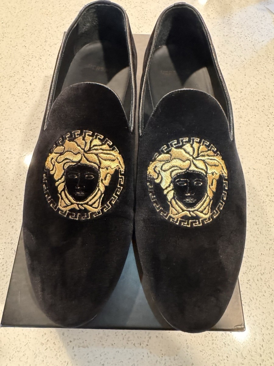 Versace Medusa Embroidered Men Loafers Black Gold Italian Size 42