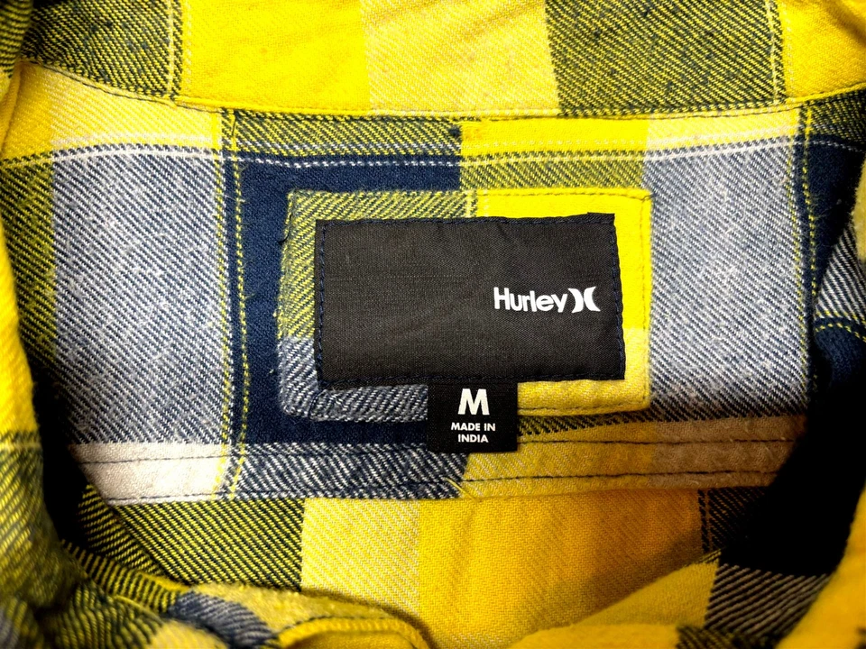 Camisa Hurley Para Hombres Botón Delantero Manga Larga Algodón Amarillo Azul Marino A Cuadros Mediana M Foto 4 de 4