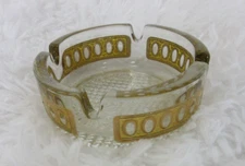 Vintage Ashtray Retro Gold Embossed Geometric Design MCM Clear Glass Ash Tray