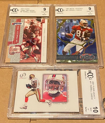 3 Terrell Owens BCCG Graded 1997 Metal Universe 2001 Fleer & Legacy #8 #71 #22