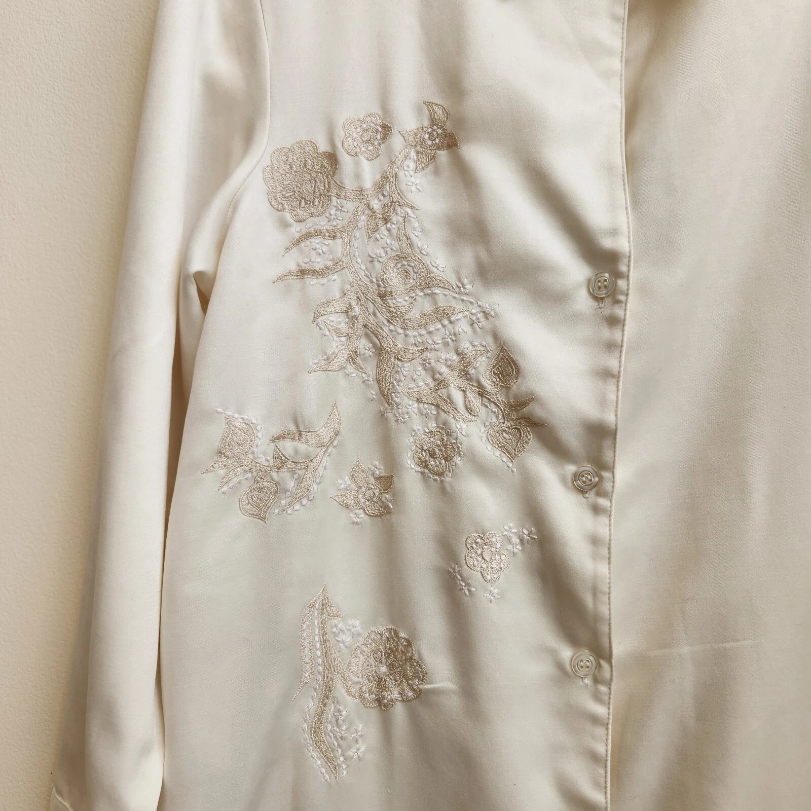 OFF WHITE Camicia da notte Natori donna S bianco sporco lunga raso ricamato floreale abito casa