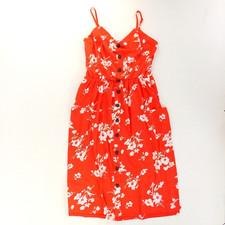 Angashion Red White Floral L Midi Dress Elastic Stretch Back Pockets