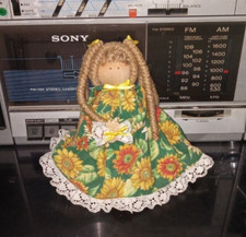 Folk Art - Handmade Wood Doll Girl braided hair / green flower dress