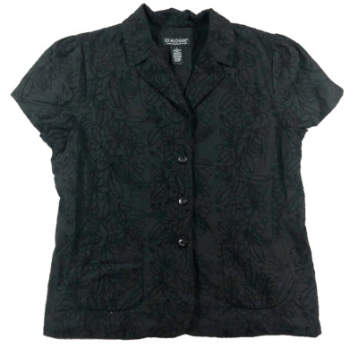 Dialogue Womens Blouse Size L Black Embroidered Button-Up Short Sleeve NWOT