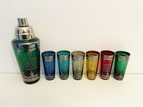 🟢 Art Deco 30er Jahre Cocktail Shaker Set + Muranoglas Gläser mehrfarbig - Bild 2 von 4