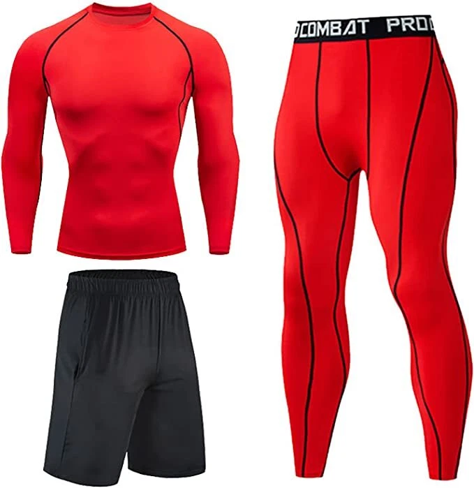 Mens GYM 3 piece Compression Running Set Rashguard Base Layer shorts Leggings