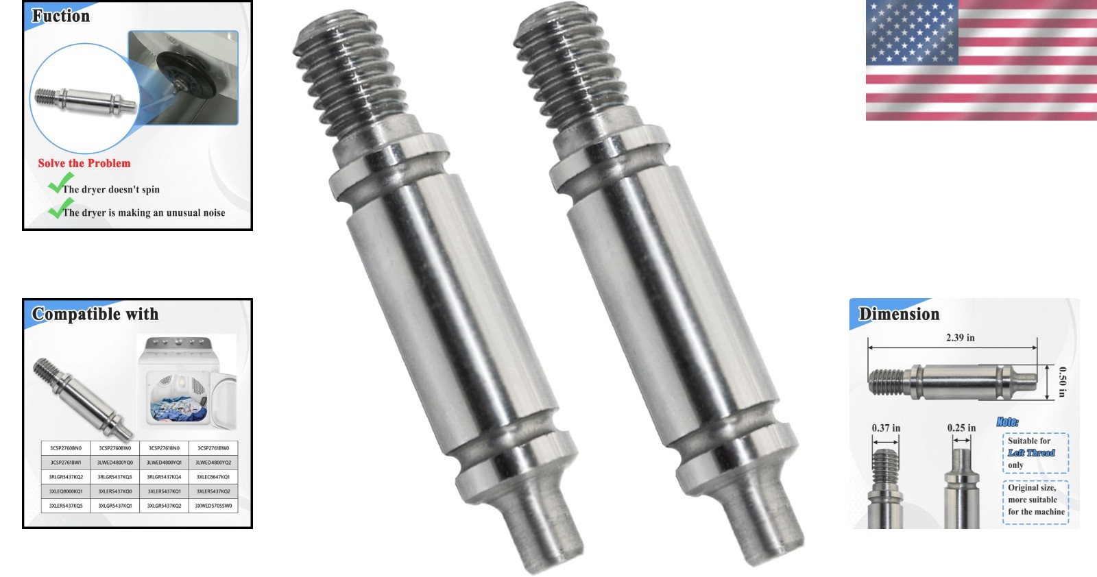 Durable 2Pcs Dryer Drum Support Roller Shaft – Easy Installation, Left Thread