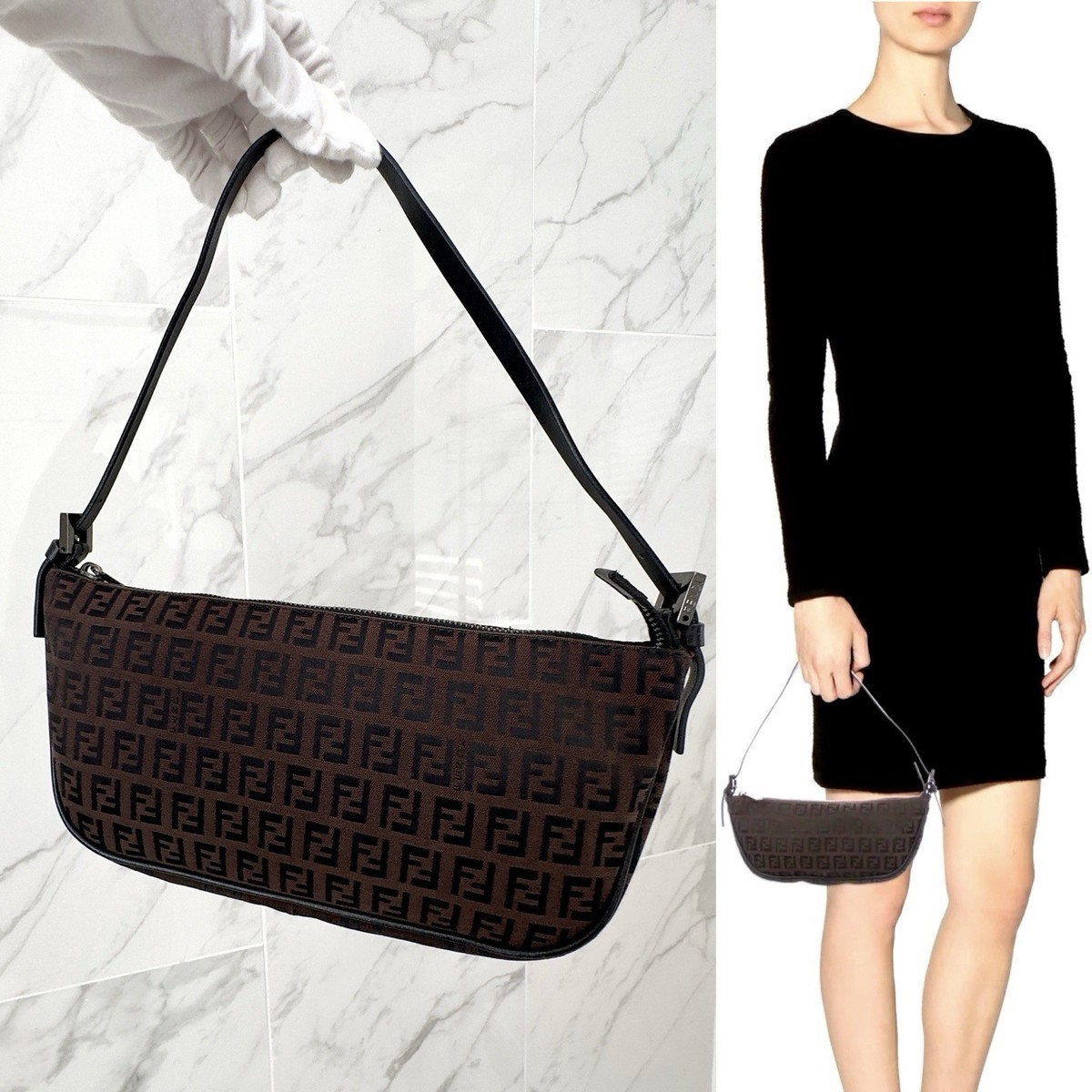 ✨Authentic FENDI FF Zucchino Canvas Pochette Shoulder Bag Dark