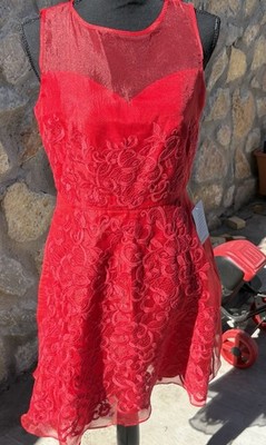Donna Morgan Red Floral Lace Mini Dress Mesh Illusion Neckline Sleeveless SZ 6
