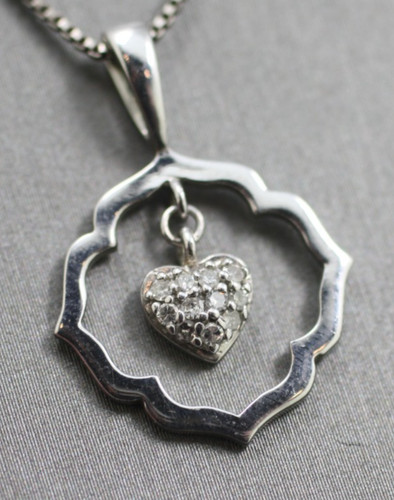 Sterling Silver 925 Diamond HN HENG NGAI Pave circle Heart Pendant 18" necklace