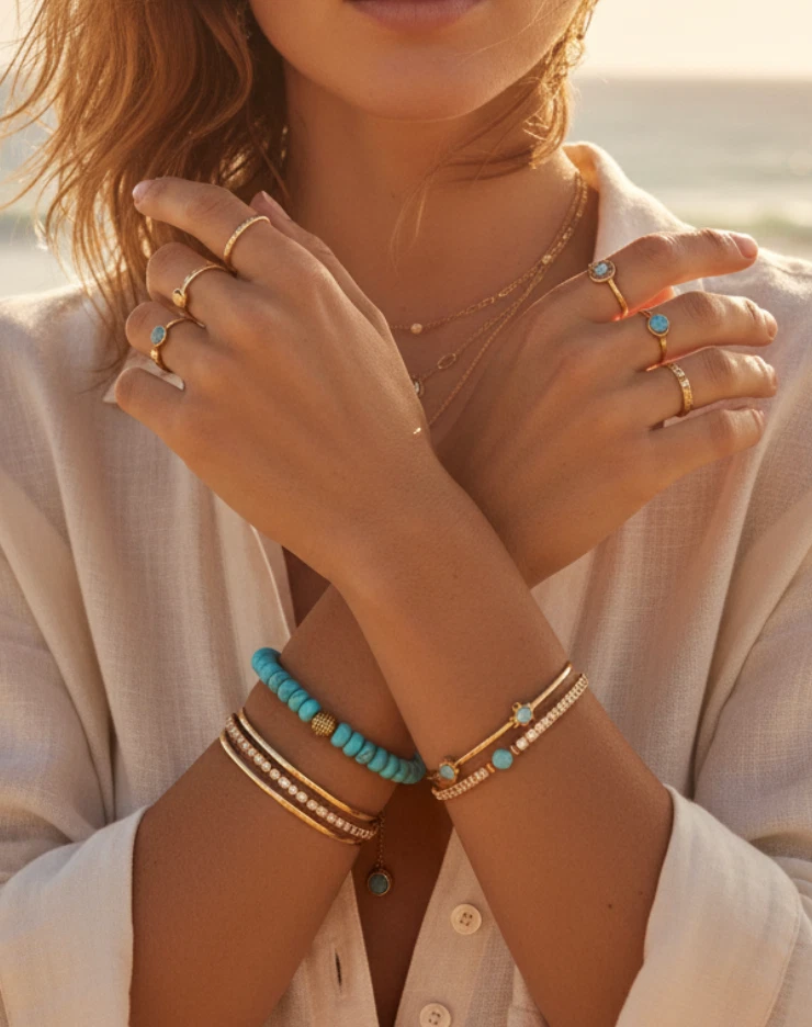 Türkises Steinarmband mit goldener Perle - Boho Beach Style - Bild 2 von 4