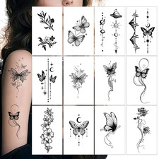 Black Butterfly Temporary Tattoos 12 Sheets Floral and Celestial Designs Waterpr
