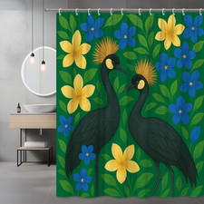 Colorful Floral Black Shower Curtain with Tropical Birds