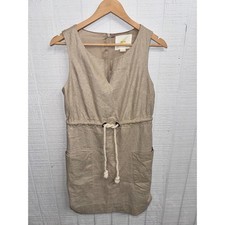Maeve Linen Blend Dress Women Oatmeal Beige Rope Drawstring Pockets 2