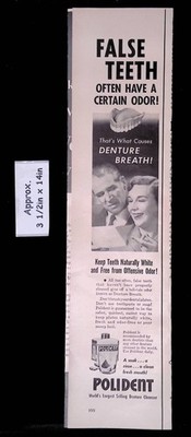 1953 POLIDENT Denture Cleanser False Teeth Denture Breath Odor Print Ad 55417