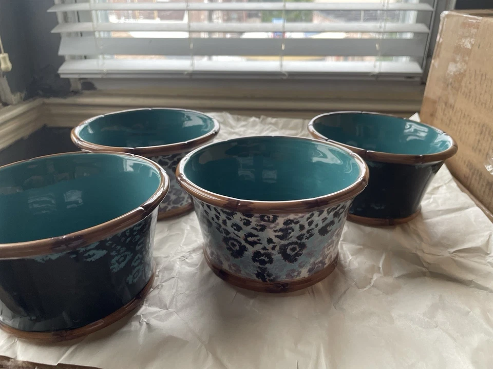 Juego de 4 cuencos de cerámica interior azul diseño estampado negro Foto 3 de 4