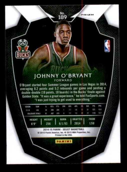 2014-15 Select Prizms Blue and Silver #189 Johnny O'Bryant PRE. - Image 2 of 2