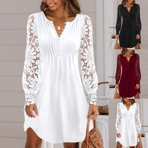 Womens Lace Long Sleeve Mini Dress Ladies Button V Neck Party Shirt Dresses UK - Picture 2 of 20