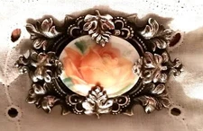 Antique Victorian Sterling Silver Rose Oak Leaf Brooch Hand Painted Ornate Vtg