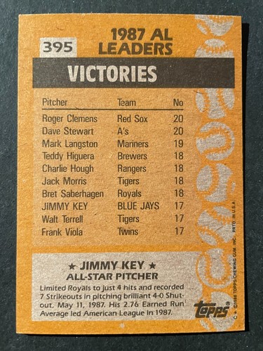 Jimmy KEY 1988 Topps All Star Baseball #395 Toronto Blue Jays - Picture 2 of 2