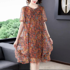 Women Floral Mesh Dress Mid-Length Short Sleeves A-line Summer Casual Elegant