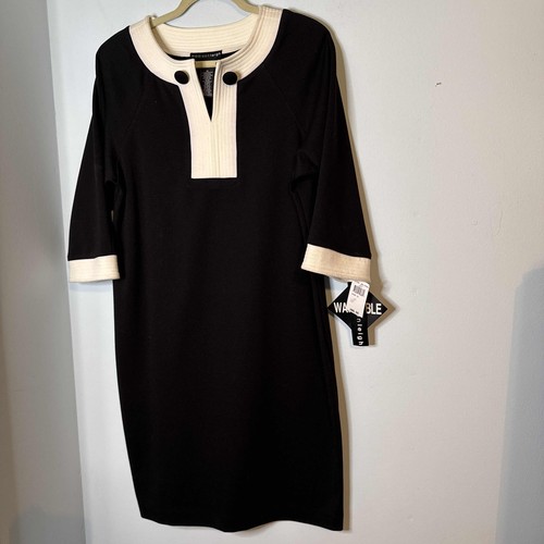 NWT Madison Leigh Shift Dress 3/4 Sleeves Black Ivory Trim Size 12 - Picture 4 of 9
