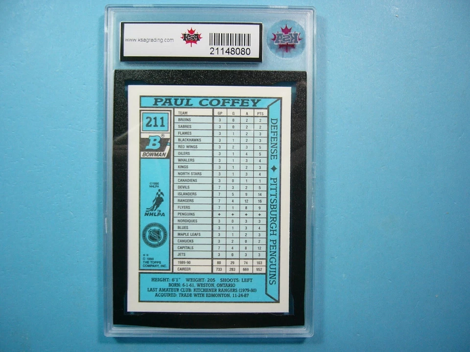 1990/91 BOWMAN TIFFANY NHL HOCKEY CARD #211 PAUL COFFEY KSA 9 MINT SHARP+ 90/91 - Image 2 of 2