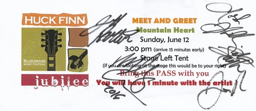 Huck Finn Meet & Greet Pass * by Mountain Heart (2016) Original Signed