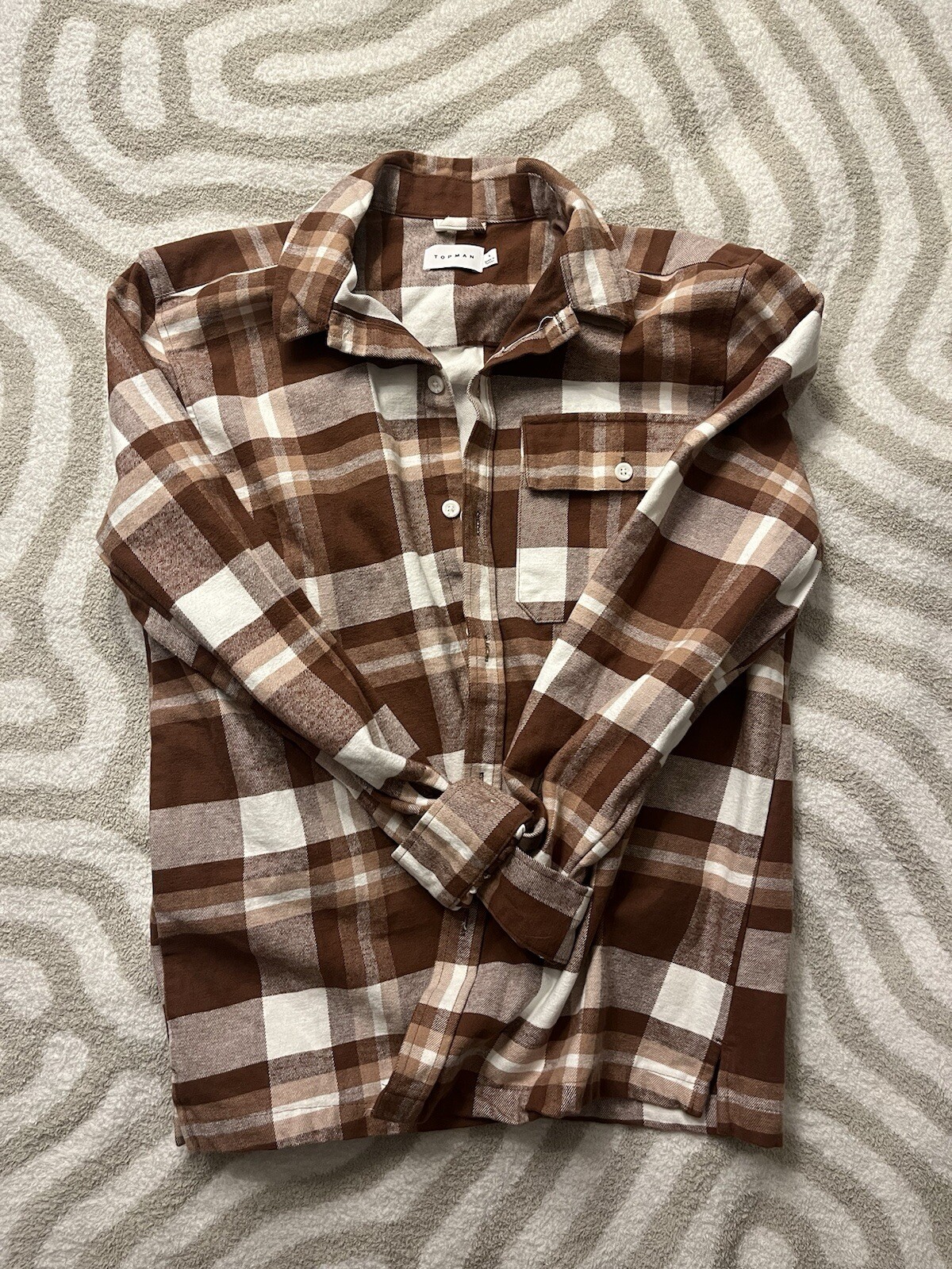 TOPMAN Flannel Shirt Mens L Brown Plaid Button Up Long Sleeve Heavy Overshirt