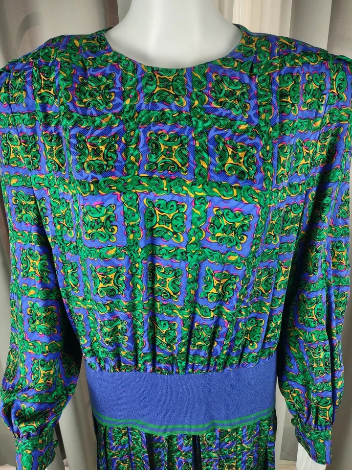 Adrianna Papell Vintage 80s Blue Green Pleated Silk Midi Dress Size 12 - Image 3 of 4