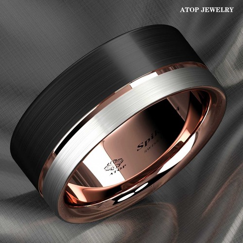 ATOP Tungsten Carbide Plated Metal Men's Ring Rose Gold Black Wedding Band Gift - Picture 4 of 8