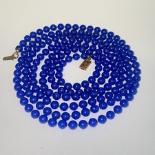 Vintage Long Solid Blue Molded Plastic Hand Strung  Knotted 55" Beaded Necklace