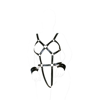 Sexy Damen PU Leder Body Teddy Bindeband abnehmbare Handschellen Dessous