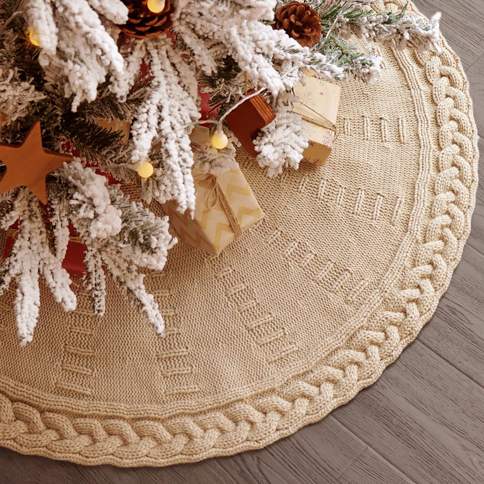 Knitted Christmas Tree Skirt: 36 Inches Beige Tree Skirt, Chunky Cable Knit T...