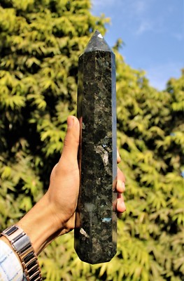 X-L 11.5''inch Larvikite Stone Blue-Silver Flash 8 Faceted Pointed Obelisk Tower