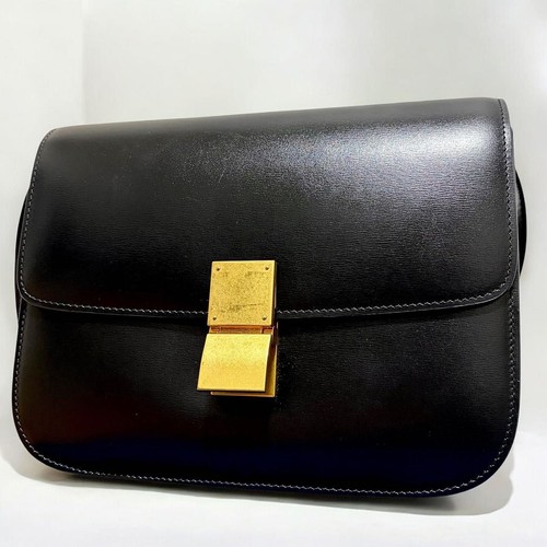 Celine Classic Box Shoulder Bag Medium Black Leather With Dust Bag