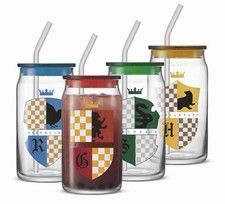 Harry Potter House Crests Glass Tumblers with Lids and Straws, 16oz Glass Cup